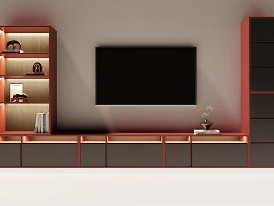 Modern TV Stand With Mounted TV Open Shelves Drawers And Decorative Ornaments 3d model