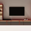 Modern TV Stand With Mounted TV Open Shelves Drawers And Decorative Ornaments