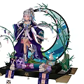 Game Anime Character Silver Haired Purple Blue Outfit On Moon Crescent With Bamboo Lantern And Rabbit
