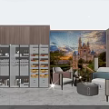 Modern Living Room Interior With Large Castle Mural Wooden Wall And Glass Door Display Cabinets