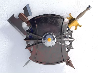 Vintage Medieval Metal Wall Decoration Featuring Shield Axe and Sword 3d model
