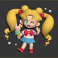 Cute Cartoon Girl With Blonde Pigtails Holding Rabbit Plush And Sparkling Stars