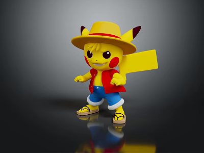 Yellow Creature Resembling Pikachu With Straw Hat Red Vest Blue Shorts And Yellow Board Standing 3d model