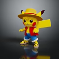 Yellow Creature Resembling Pikachu With Straw Hat Red Vest Blue Shorts And Yellow Board Standing