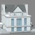 Classic European-style Building with Clock Tower Large Windows Sloped Roof Symmetrical Design and Entrance Steps