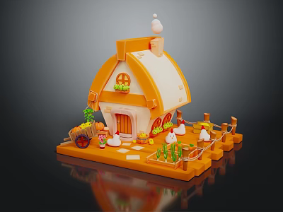Charming Orange And White Small House Featuring Pointed Roof Chimney Pumpkin Decorations Snowmen And Cart 3d model