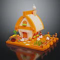 Charming Orange And White Small House Featuring Pointed Roof Chimney Pumpkin Decorations Snowmen And Cart