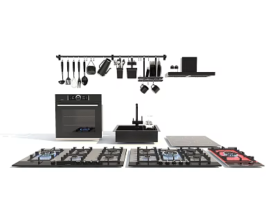Modern Kitchen Appliances Including Gas Stoves Oven And Hanging Utensils With Wall Mounted Shelves 3d model