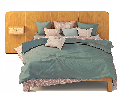 Double Bed With Wooden Headboard Nightstand And Cozy Teal Quilt With Pillows 3d model