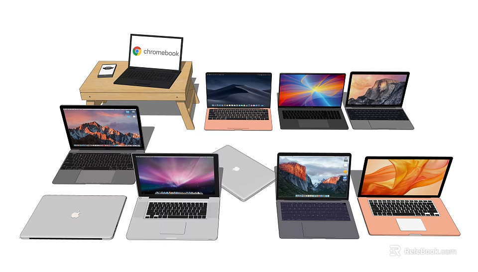 Various Laptops Including Chromebook With Sleek Design And Colorful Displays 3d model 
