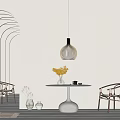 Modern Dining Table Set With Arched Mirror Hanging Lamp Chairs And Vase