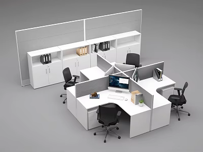 Modern Office Desk Cubicle Setup With Computer Chairs Filing Cabinets And Shelves 3d model