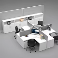 Modern Office Desk Cubicle Setup With Computer Chairs Filing Cabinets And Shelves