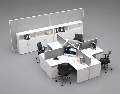 Modern Office Desk Cubicle Setup With Computer Chairs Filing Cabinets And Shelves 3d model