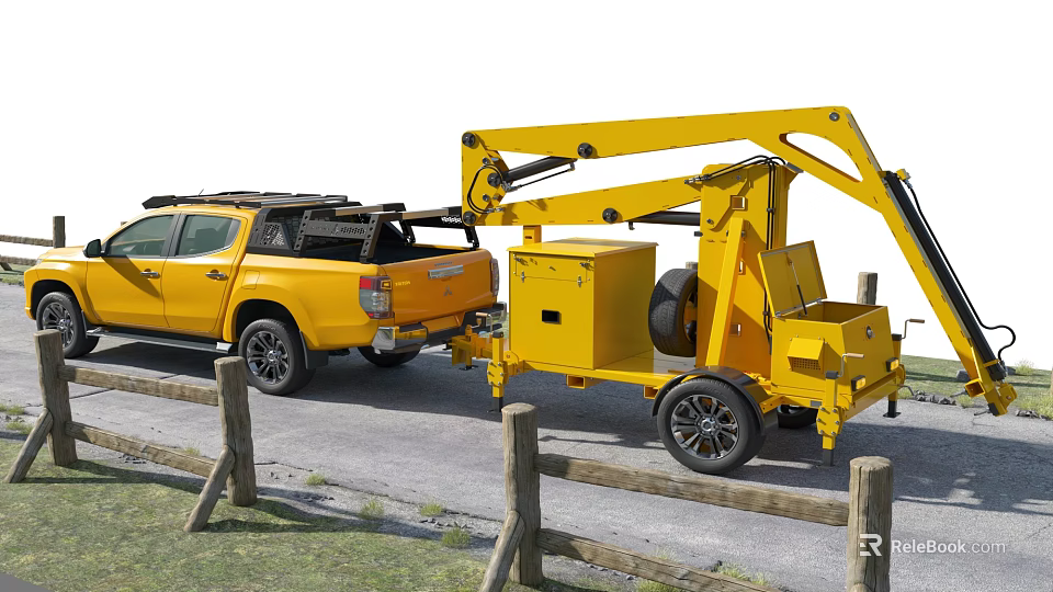 Yellow Trailer Mounted Industrial Equipment with Mechanical Arm Towed by Pickup Truck 3d model 
