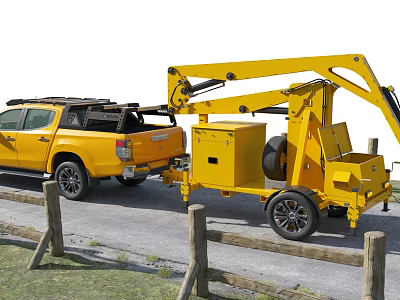 Yellow Trailer Mounted Industrial Equipment with Mechanical Arm Towed by Pickup Truck 3d model