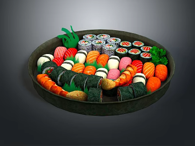 Fresh Fish Sushi on Black Plate with Colorful Fish Varieties and Ingredients 3d model