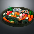 Fresh Fish Sushi on Black Plate with Colorful Fish Varieties and Ingredients