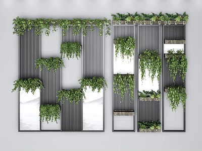 Decorative Room Divider With Vertical Slats Hanging Green Plants And Mirrors 3d model