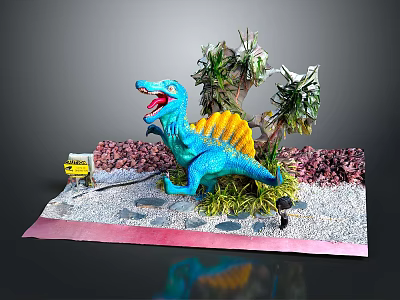 Vibrant Dinosaur Scene With Blue Dinosaur Yellow Fin Open Mouth Green Plants Gravel Ground 3d model