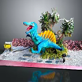 Vibrant Dinosaur Scene With Blue Dinosaur Yellow Fin Open Mouth Green Plants Gravel Ground
