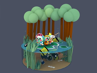 Cartoon Scene With Small Green Dome Trees And Cute Cartoon Characters By Pond And Grass 3d model