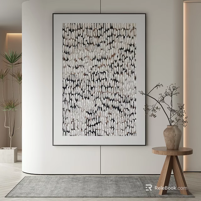 Abstract Painting With Textured Neutral Tones In Modern Interior Wall Decor With Plant And Vase 3d model 