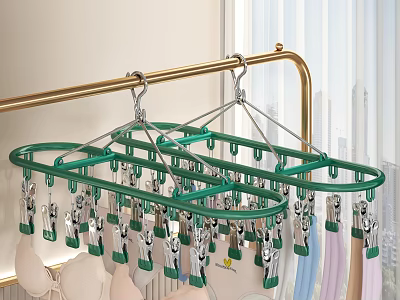 Green Clothes Drying Rack With Multiple Clips Hanging On Metal Rod For Home Laundry Use 3d model
