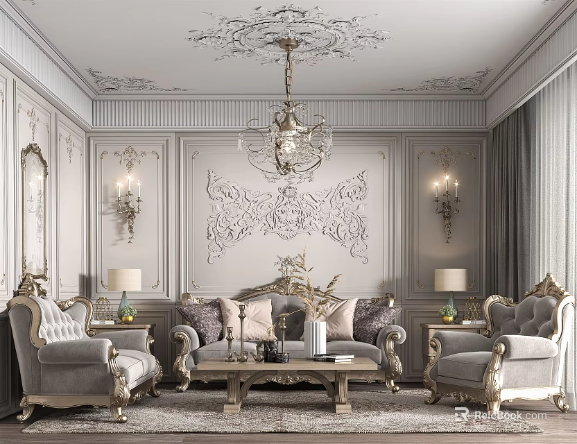 Elegant Living Room Interior With Ornate Carved Ceiling Relief Walls And Gray Sofa 3d model 