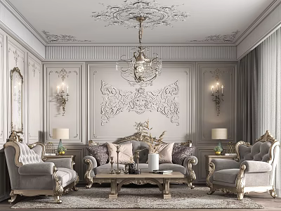 Elegant Living Room Interior With Ornate Carved Ceiling Relief Walls And Gray Sofa 3d model