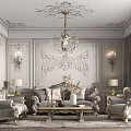 Elegant Living Room Interior With Ornate Carved Ceiling Relief Walls And Gray Sofa