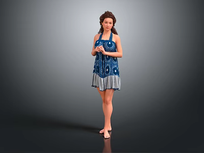 Blue Patterned Halter Neck Dress With Gray Hem Worn By Woman 3d model