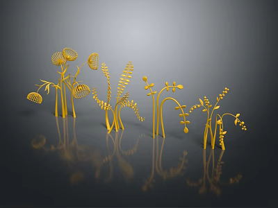 Cartoon Scene With Golden Plants Various Grasses And Flowers Metallic Texture Black Background And Reflections 3d model