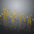Cartoon Scene With Golden Plants Various Grasses And Flowers Metallic Texture Black Background And Reflections