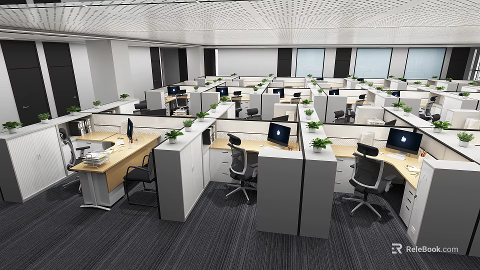 Modern Public Office Space Layout With Cubicles Desks Computers And Green Plants 3d model
