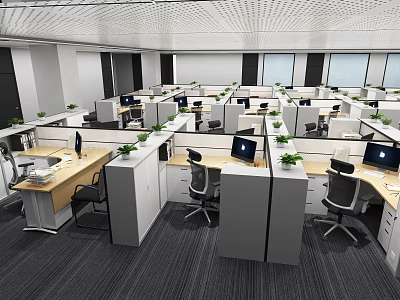 Modern Public Office Space Layout With Cubicles Desks Computers And Green Plants 3d model