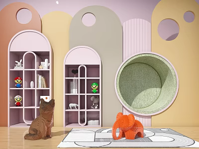 Pastel Colored Decorative Shelves With Cartoon Animal Figurines Cat Bed And Play Rug 3d model