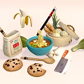 Assorted Asian Food Ingredients and Tools Including Noodles Banana Cookies Vegetables and Steamed Buns