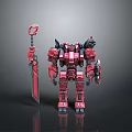 Game Movie Character Red Mech Robot With Detailed Sword Weapon And Armor Design