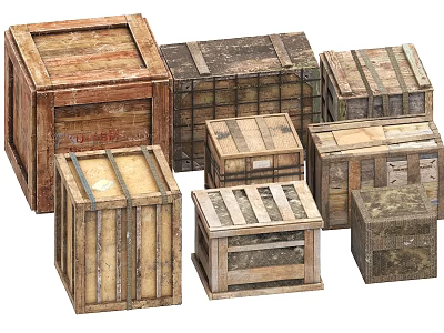 Rustic Wooden Crates Collection With Various Sizes And Vintage Slatted Designs 3d model