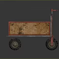 Wooden Cart with Red Frame Handle Worn Body and Four Wheels Vintage Style