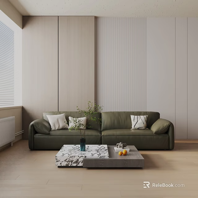 Green Three Seater Sofa With Decorative Pillows And Marble Coffee Table Against Light Wood Wall 3d model 