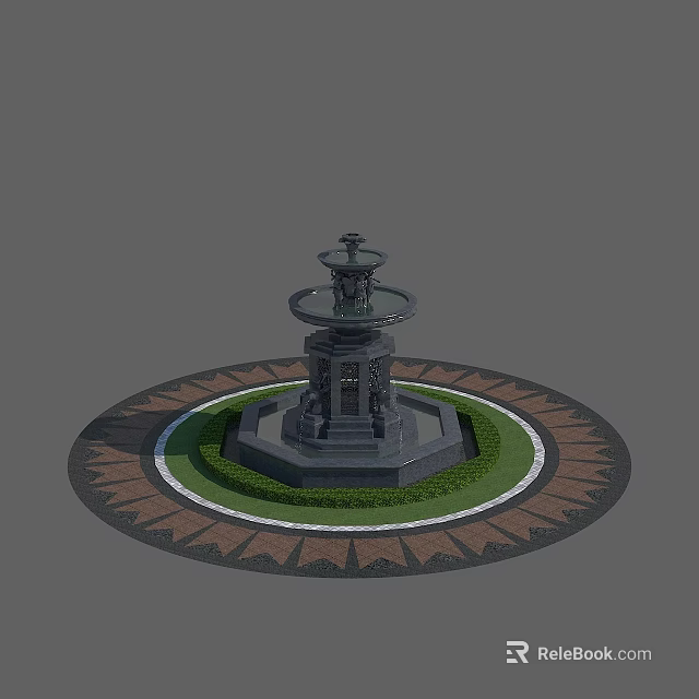 Tiered Garden Fountain With Circular Paved Area And Green Lawn Decorative Border 3d model 