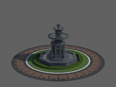 Tiered Garden Fountain With Circular Paved Area And Green Lawn Decorative Border 3d model