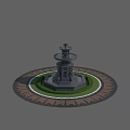 Tiered Garden Fountain With Circular Paved Area And Green Lawn Decorative Border