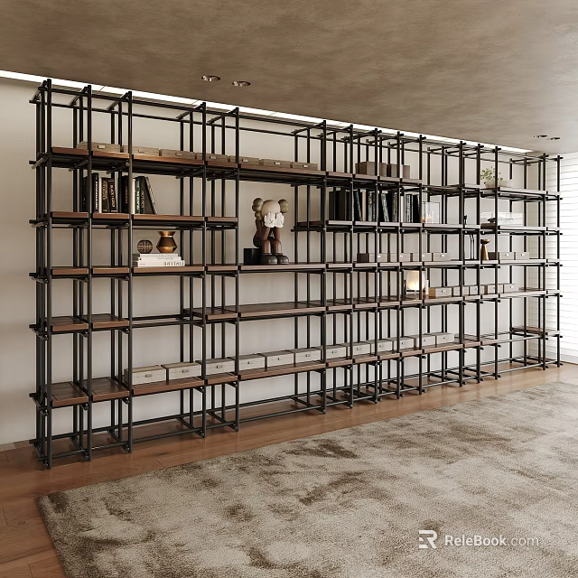 Modern Open Bookshelf Design With Metal Frame Wooden Shelves And Decorative Items 3d model 