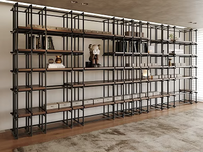 Modern Open Bookshelf Design With Metal Frame Wooden Shelves And Decorative Items 3d model