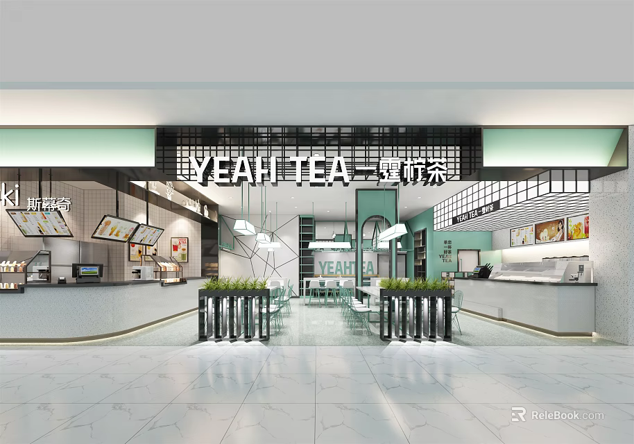 Modern YEAHTEA Bubble Tea Shop With Bright Interior And Green Plants 3d model