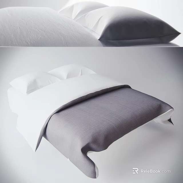 Double Bed With Gray And White Linen Bedding And Two Soft Pillows 3d model