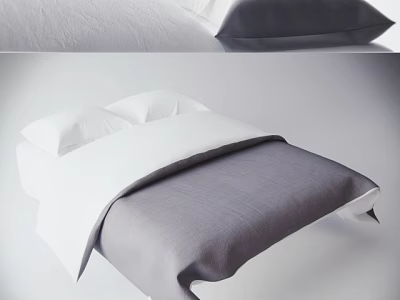 Double Bed With Gray And White Linen Bedding And Two Soft Pillows 3d model